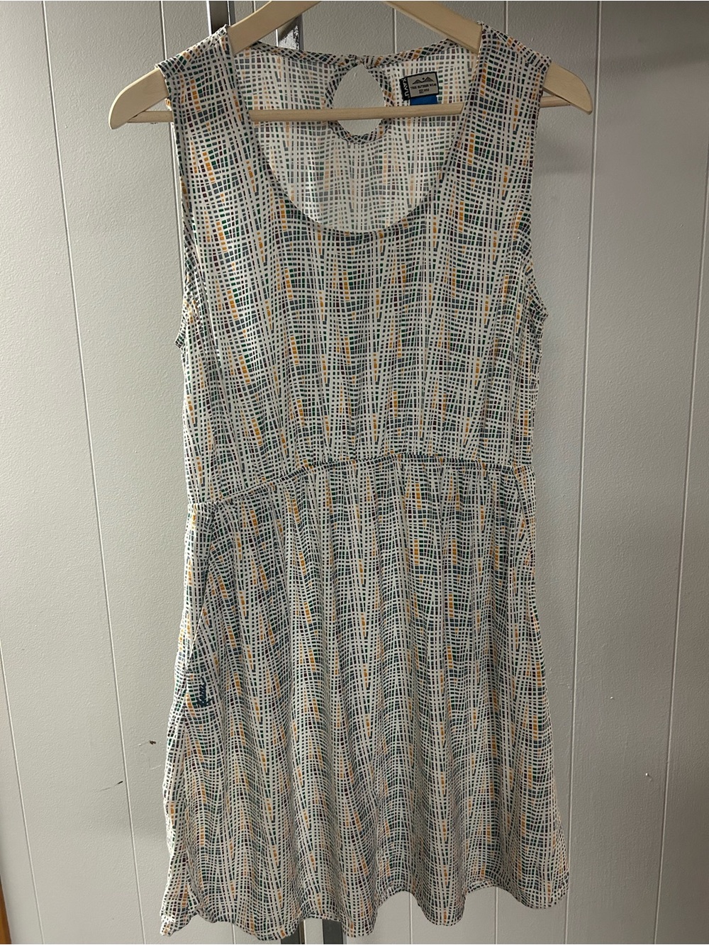 Kavu Sleeveless Grid-Print Dress in White, Teal, and Mustard Large